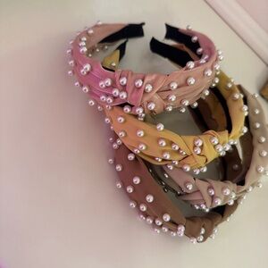 Pearl Embellished Headband Set - Pink, Yellow, Tan